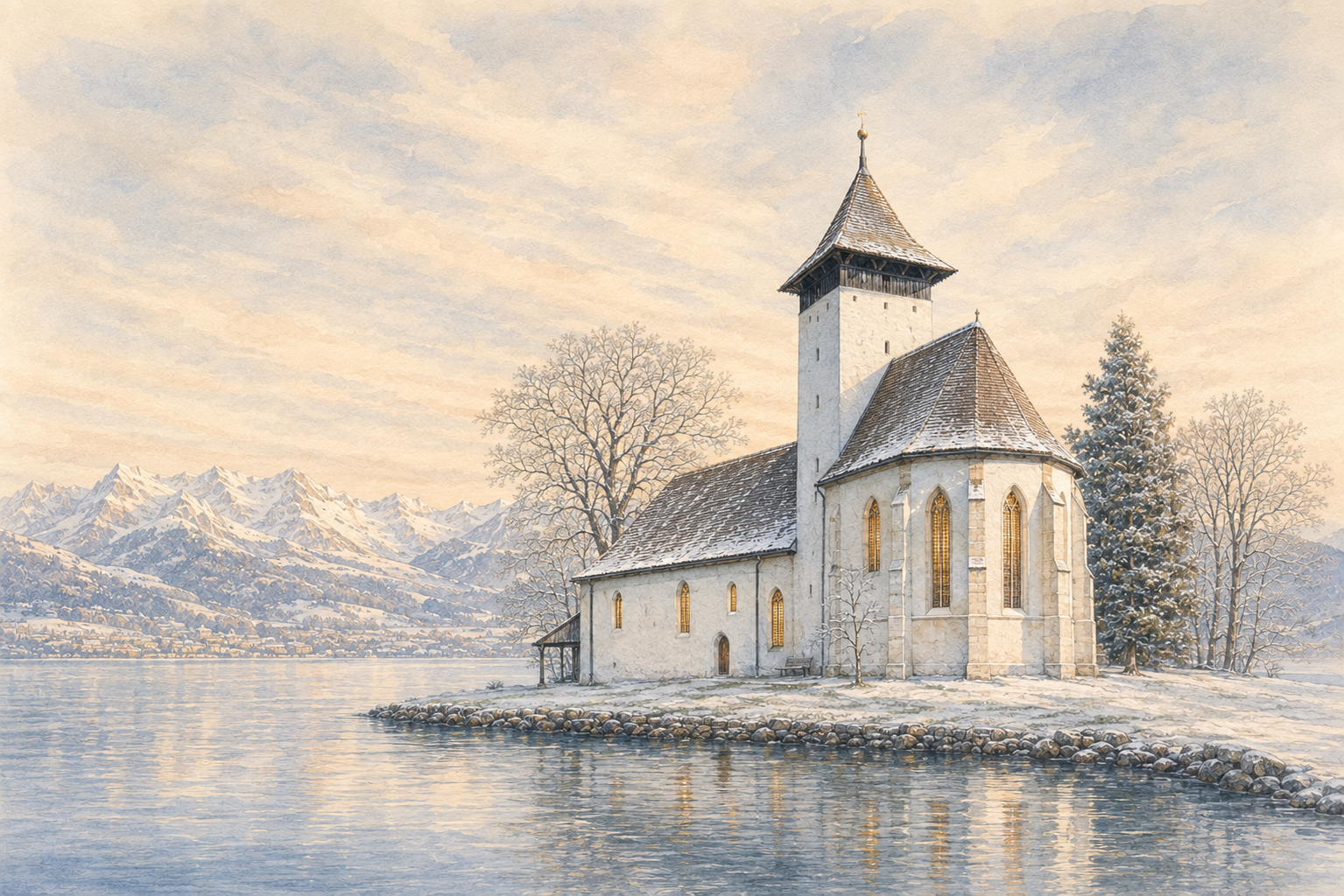 Winter keepsake illustration of Kirche Scherzligen, Lake Thun and the Bernese Alps