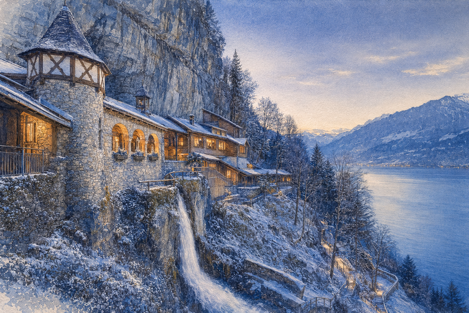 Illustration of the St. Beatus cliffside setting and waterfall above Lake Thun